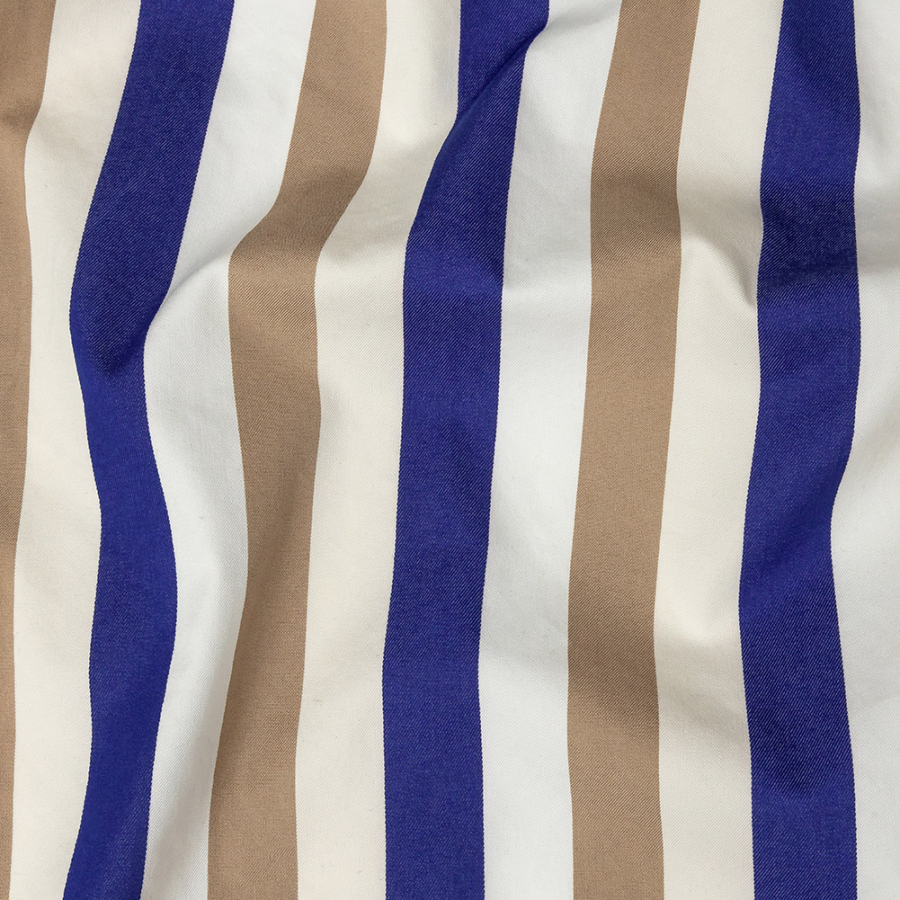 Gilded Beige, Deep Ultramarine and Off-White Awning Striped Stretch Twill | Mood Fabrics