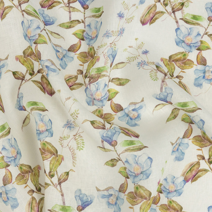 Sky Blue and Olive Watercolor Floral Printed Linen Woven | Mood Fabrics