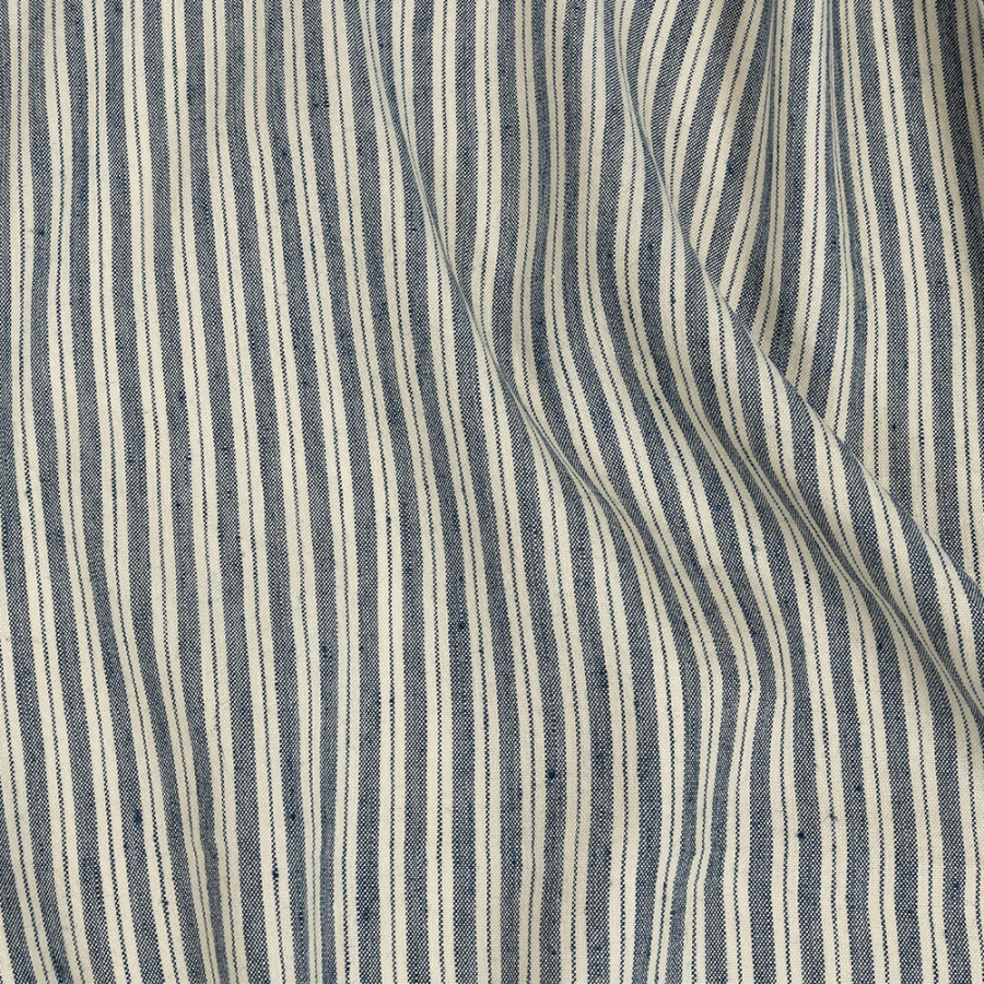 Bering Sea and Cannoli Cream Ticking Striped Stretch Linen and Rayon Woven | Mood Fabrics