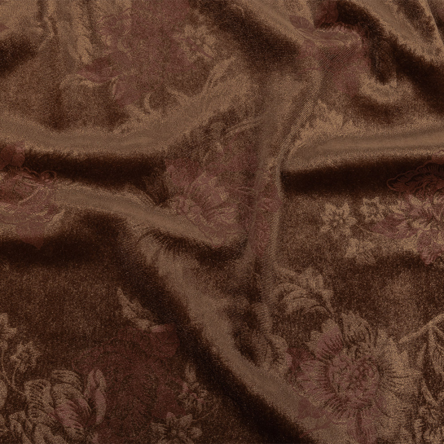 Taupe and Metallic Rose Gold Floral Embossed Velour | Mood Fabrics