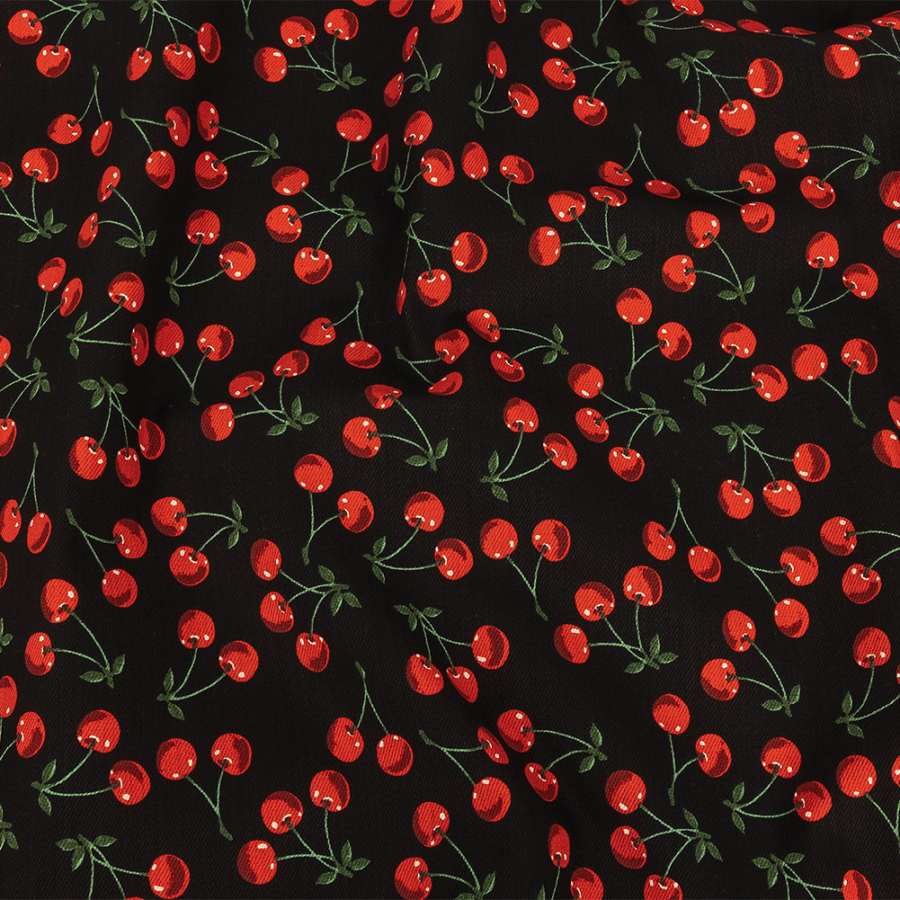 Black and Red Cherries Printed Stretch Cotton Denim | Mood Fabrics