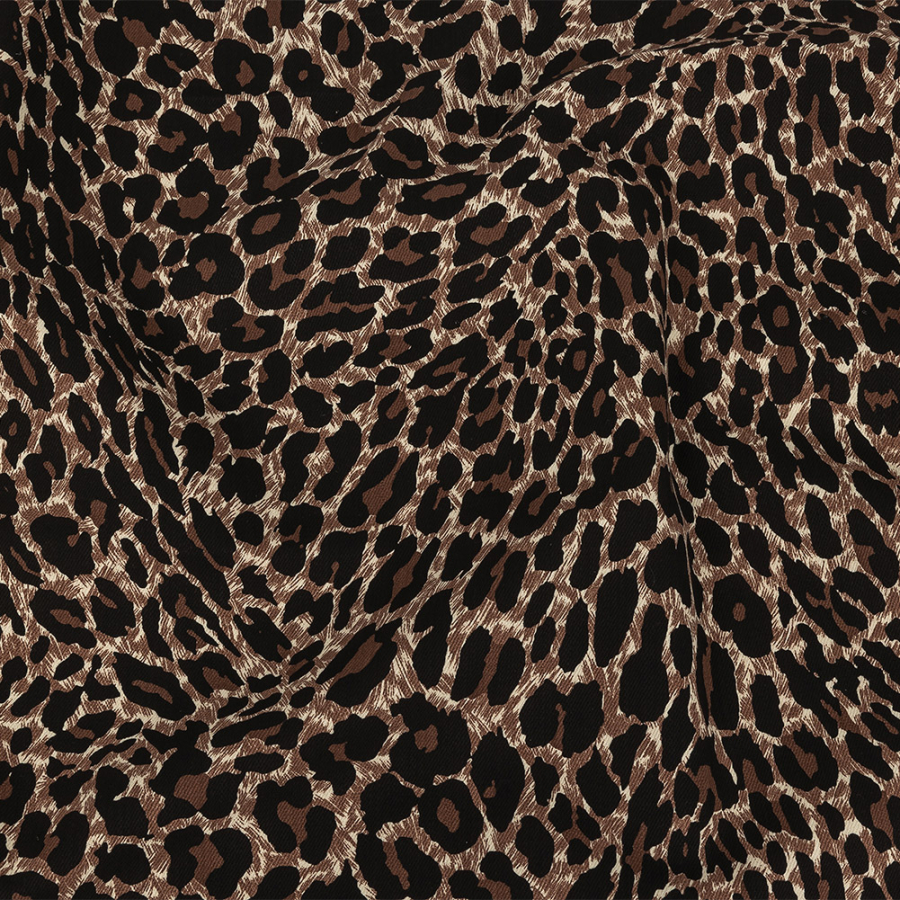 Brown Leopard Printed Stretch Cotton Denim | Mood Fabrics