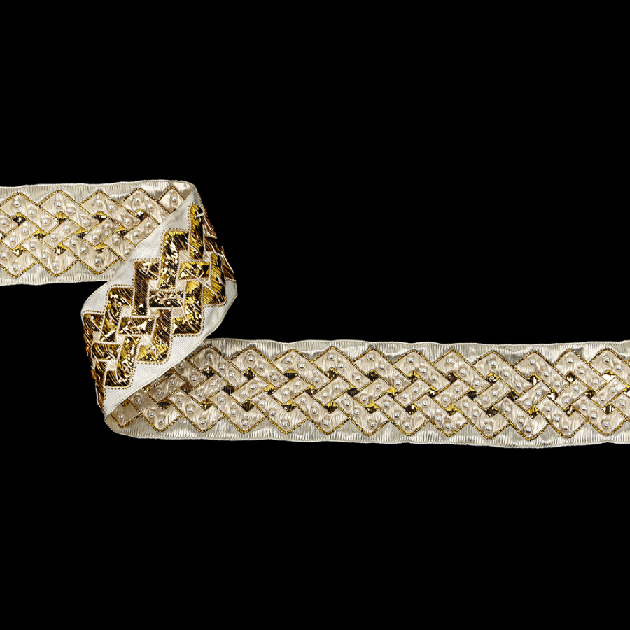 Vintage Ivory and Fleur de Lis Lurex and Rayon Blend Beaded Ribbon - 1.375 | Mood Fabrics
