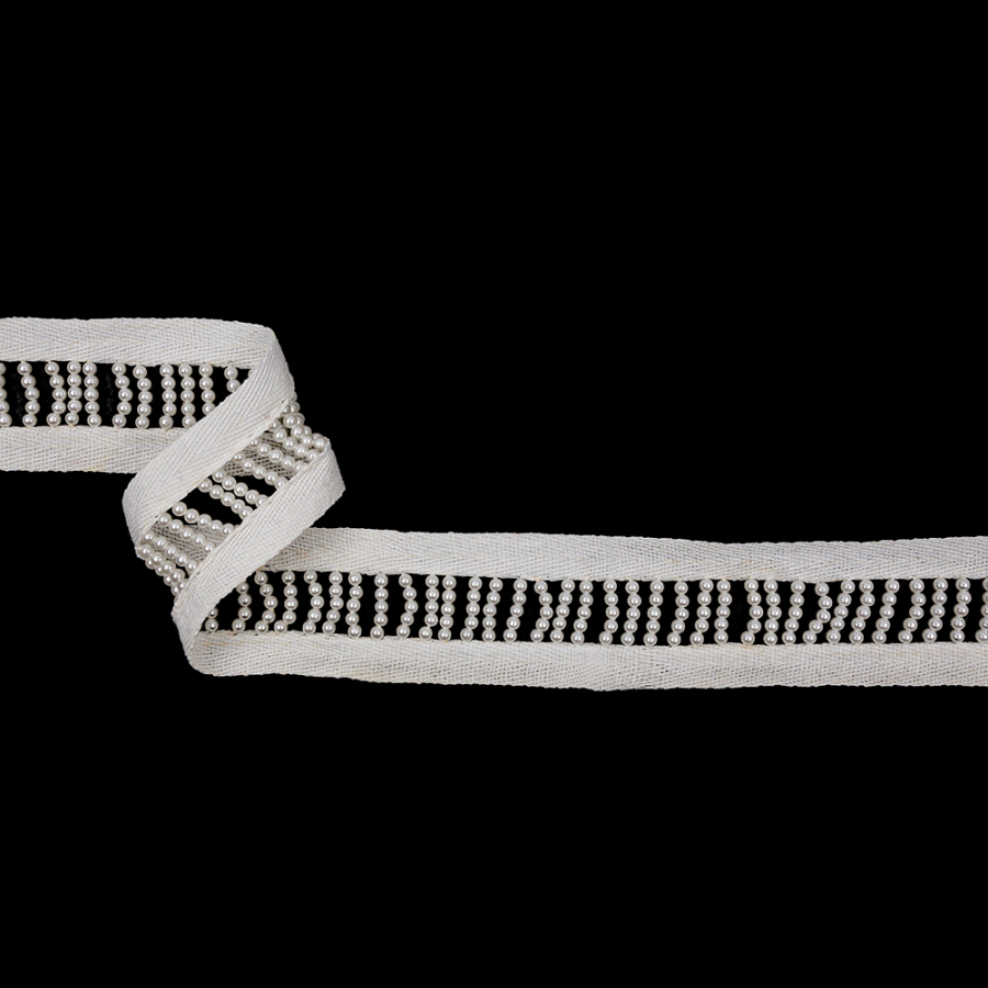 Vintage White Faux Pearl Bead Strands Between White Twill Tapes - 1.375" | Mood Fabrics