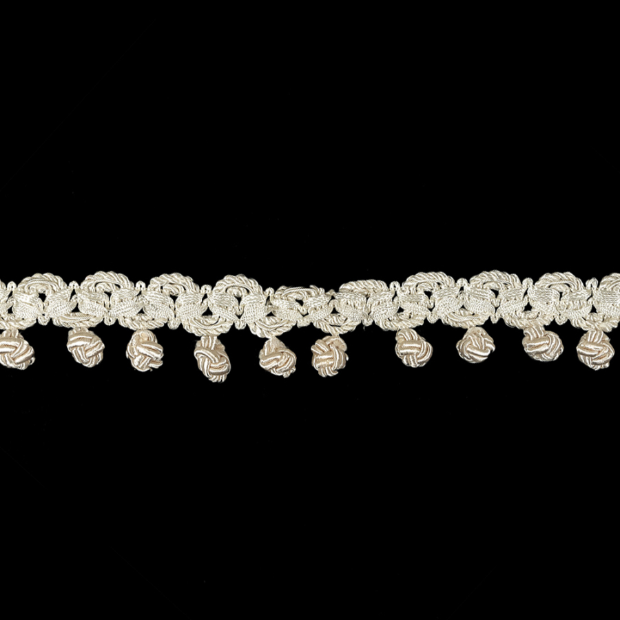 Vintage Ivory Braided Trim with Knotted Ball Fringe - 1.25 | Mood Fabrics