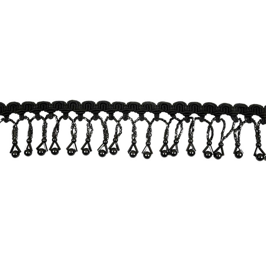 Vintage Black Round and Seed Beaded Fringe on Black Braid - 1.5" | Mood Fabrics