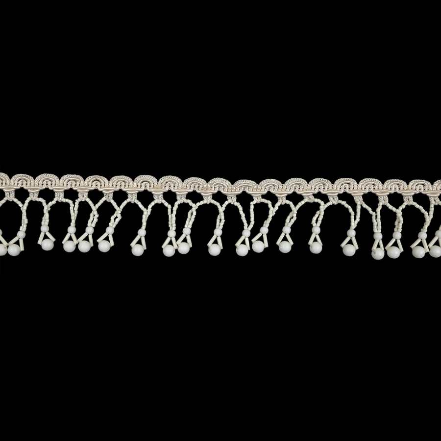 Vintage Chalk White Round and Seed Beaded Fringe on Ivory Braid - 1.5" | Mood Fabrics