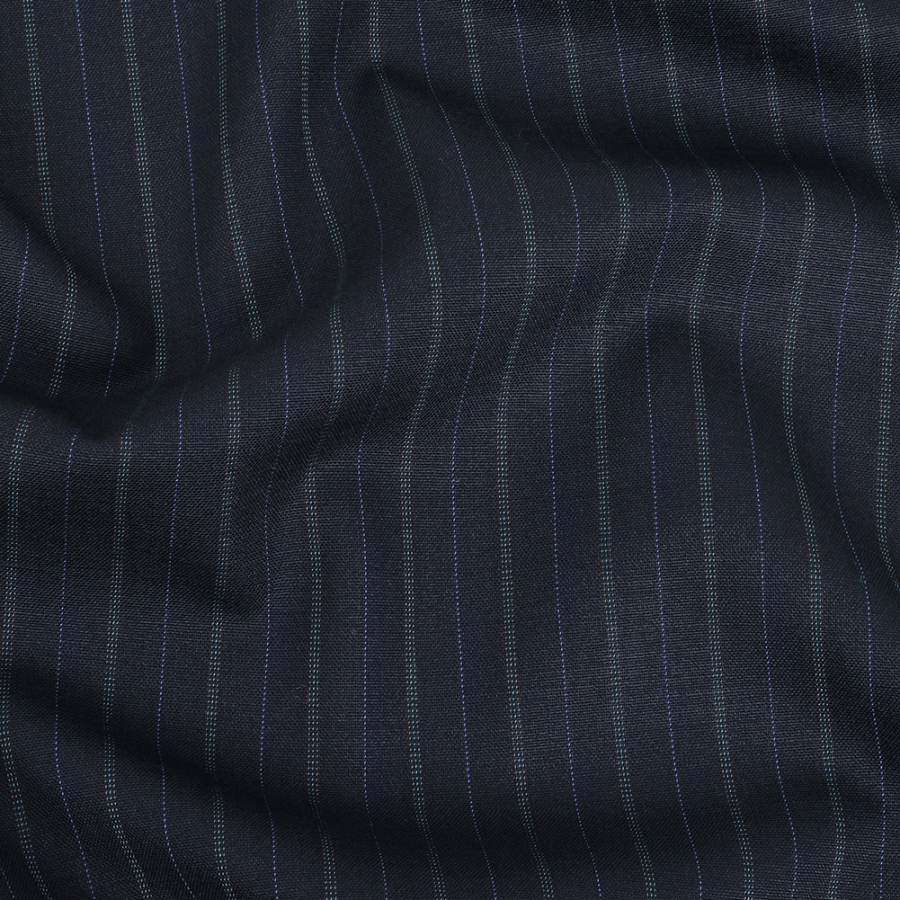Dusty Blue Stretch Wool Suiting with Sky Blue and Aqua Pinstripes | Mood Fabrics