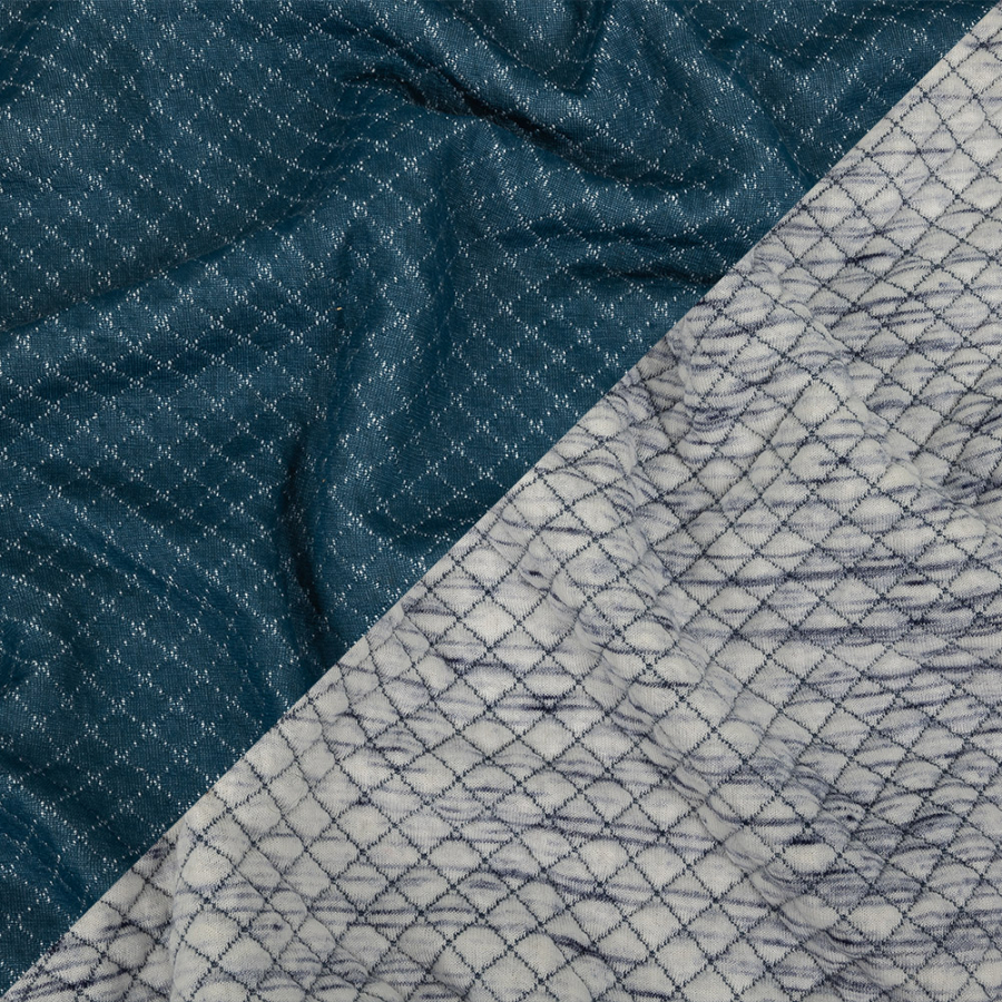 White and Mood Indigo Striated Diamond-Stitched Knit Quilted Coating | Mood Fabrics