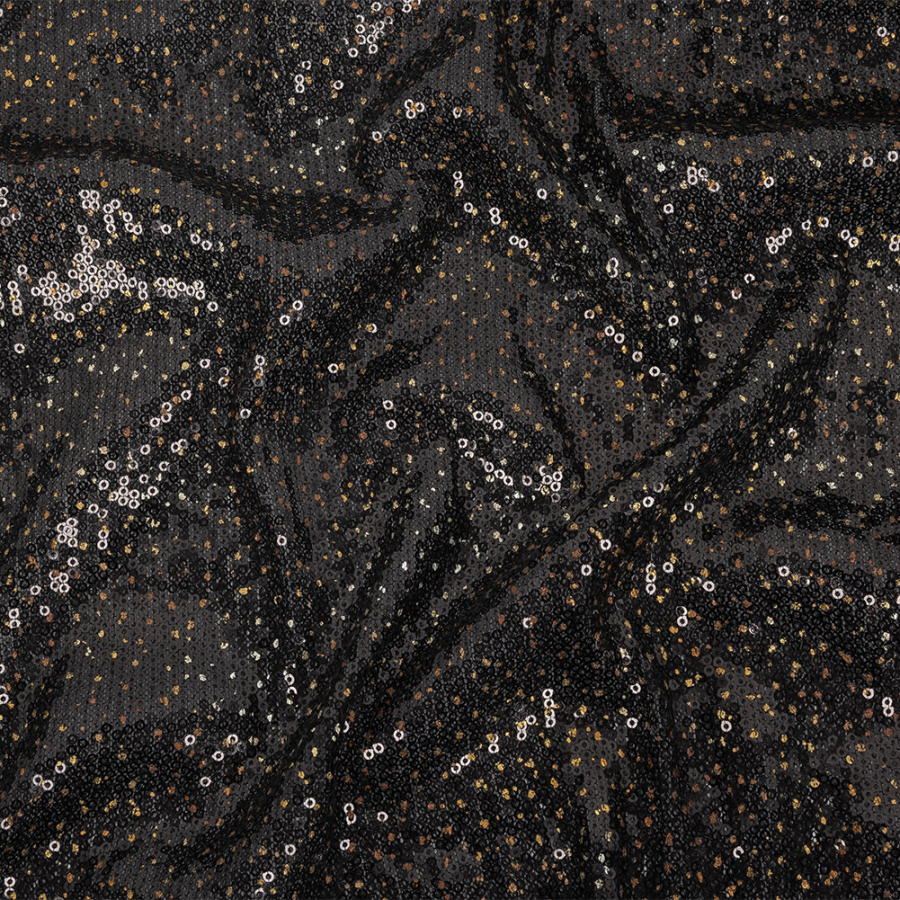 Black Linear Circular Baby Sequins on Mesh with Gold Foil Flecks | Mood Fabrics