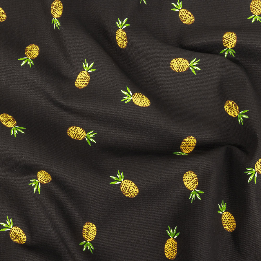 Black and Yellow Pinapples Printed Stretch Cotton Denim | Mood Fabrics