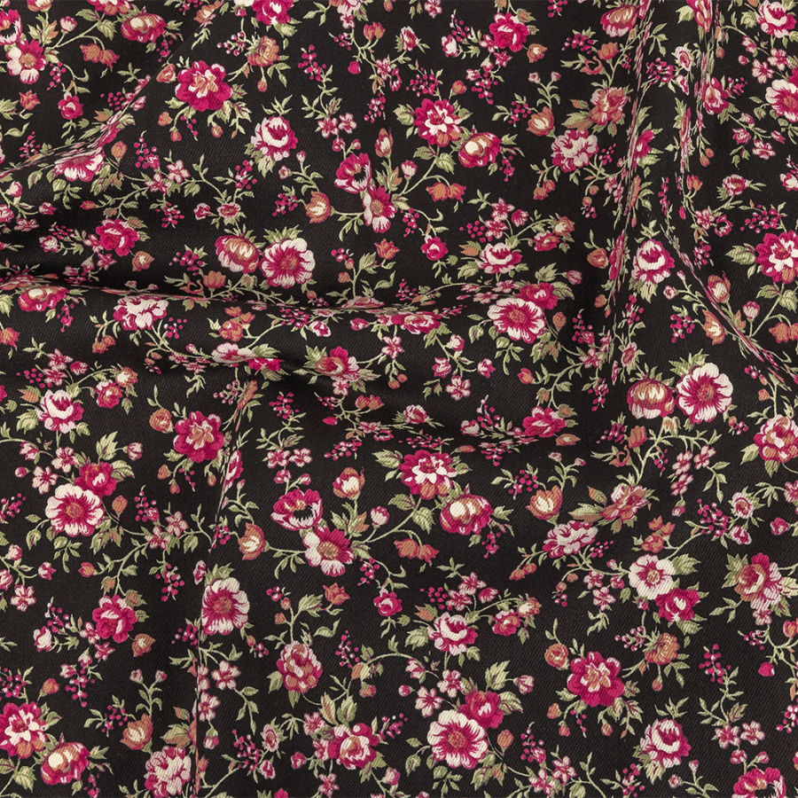 Black and Pink Minute Floral Printed Stretch Cotton Denim | Mood Fabrics