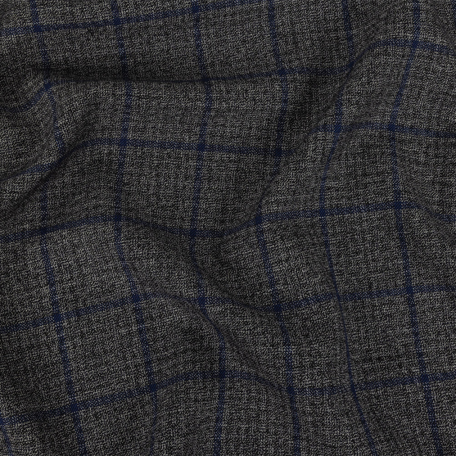 Italian Gray and Blue Windowpane Check Wool Suiting | Mood Fabrics