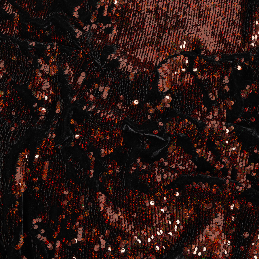 Milly Copper Holographic Paillette Sequins on Black Stretch Velour | Mood Fabrics