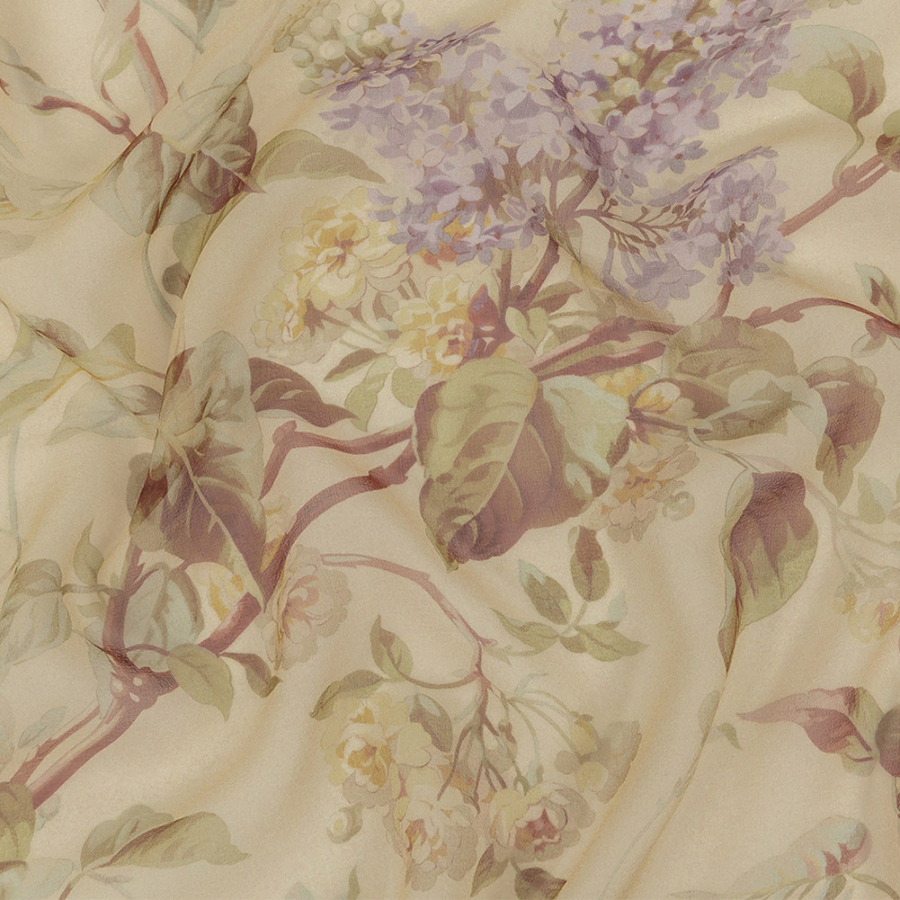 Famous Australian Designer Cream and Wisteria Floral Silk Georgette | Mood Fabrics