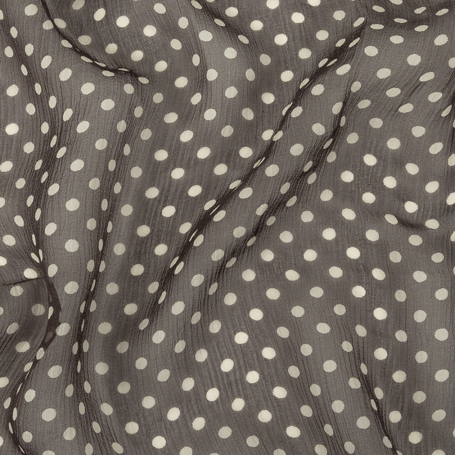 Famous Australian Designer Charcoal and Cannoli Cream Polka Dotted Crinkled Silk Chiffon | Mood Fabrics
