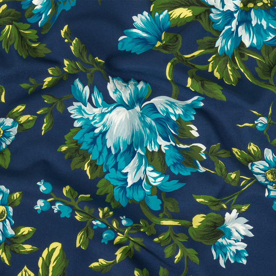 Carolina Herrera Italian Blue and Green Floral Cotton and Viscose Faille | Mood Fabrics