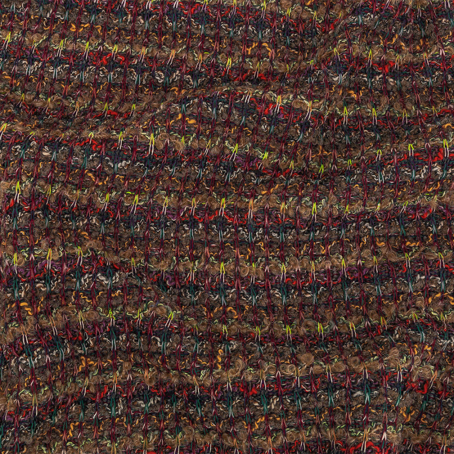 Italian Magenta, Chai Tea and Emerald Stripes Boucled Wool Sweater Knit | Mood Fabrics