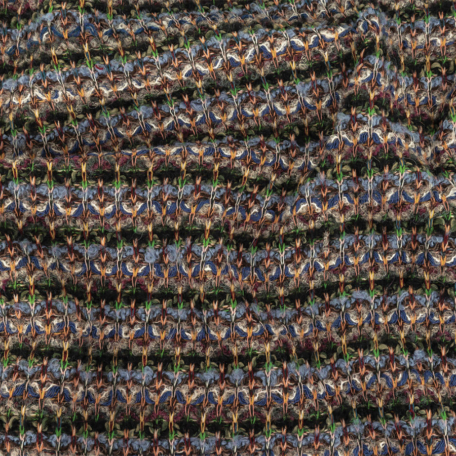 Italian Periwinkle, Eggplant and Green Stripes Boucled Wool Sweater Knit | Mood Fabrics