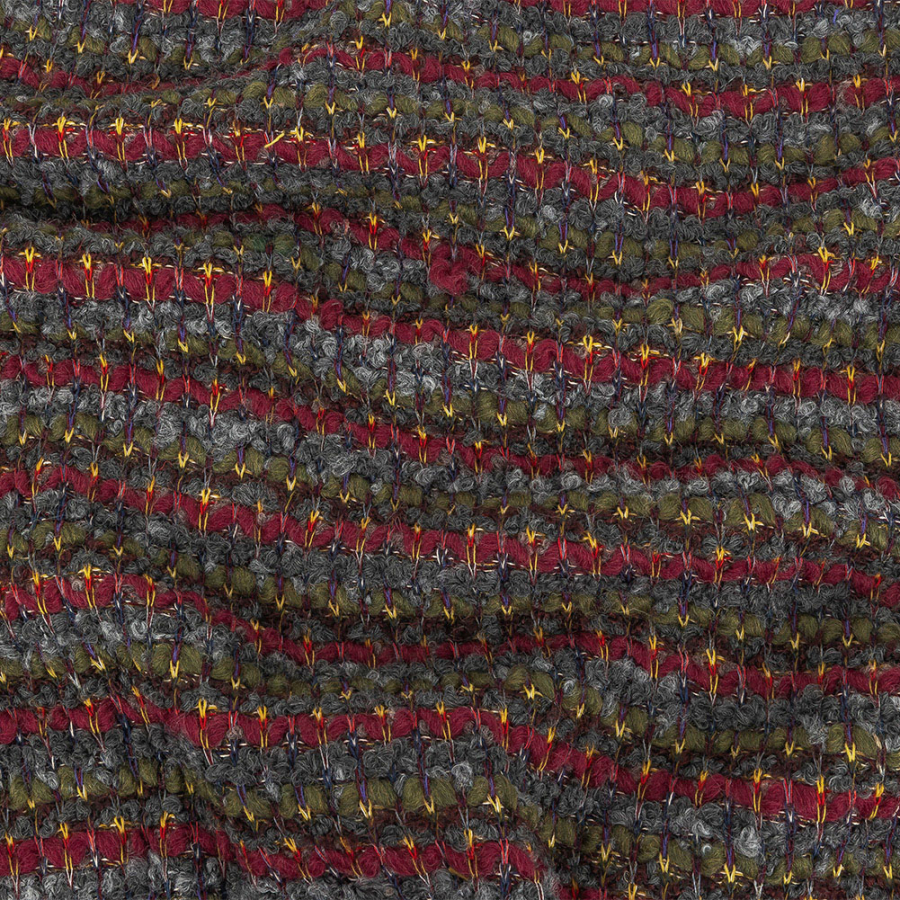 Rifle Green, Windsor Wine, and Raven Loopy Striped Wool Knit | Mood Fabrics