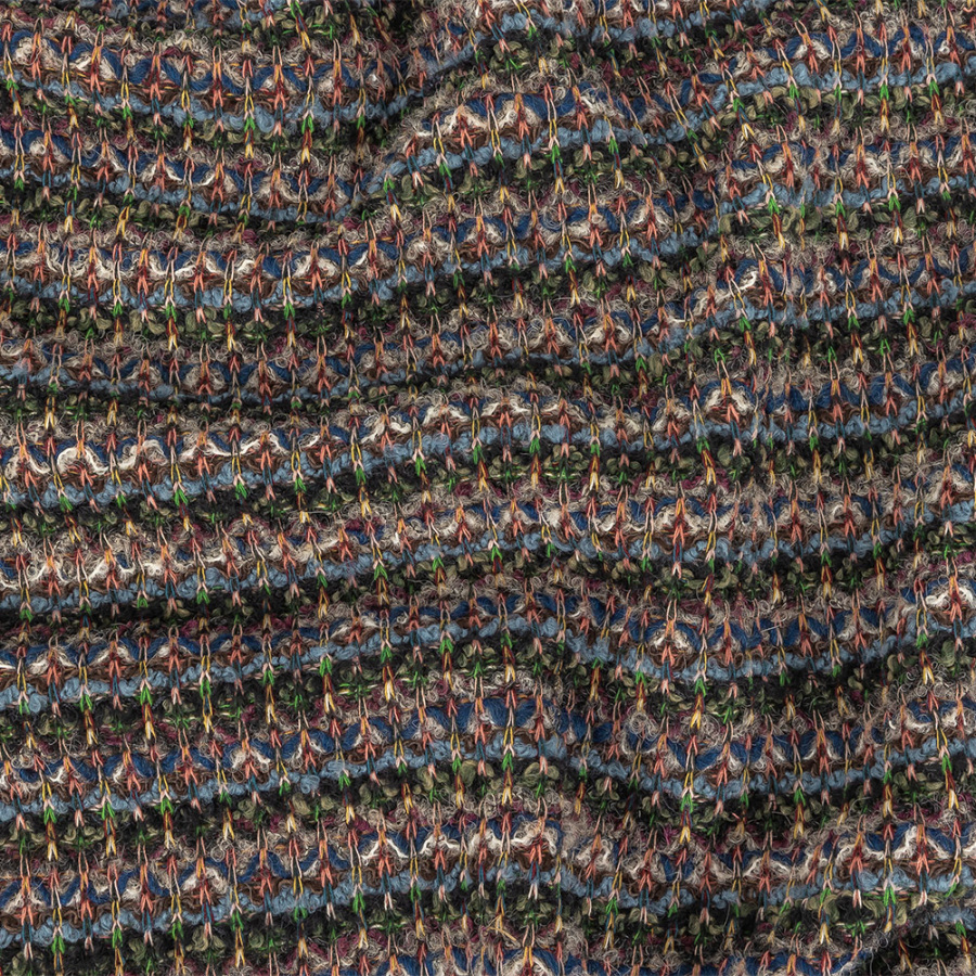 Italian Navy, Dusty Blue and Green Striped Boucle Wool Sweater Knit | Mood Fabrics