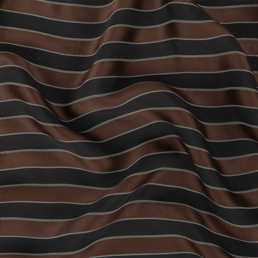 Italian Black and Cloud Dancer Striped Rayon Twill with Brown Satin-Faced Stripes | Mood Fabrics