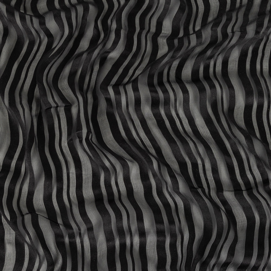 Famous Australian Designer Black Crinkled Silk Chiffon with Satin Stripes | Mood Fabrics