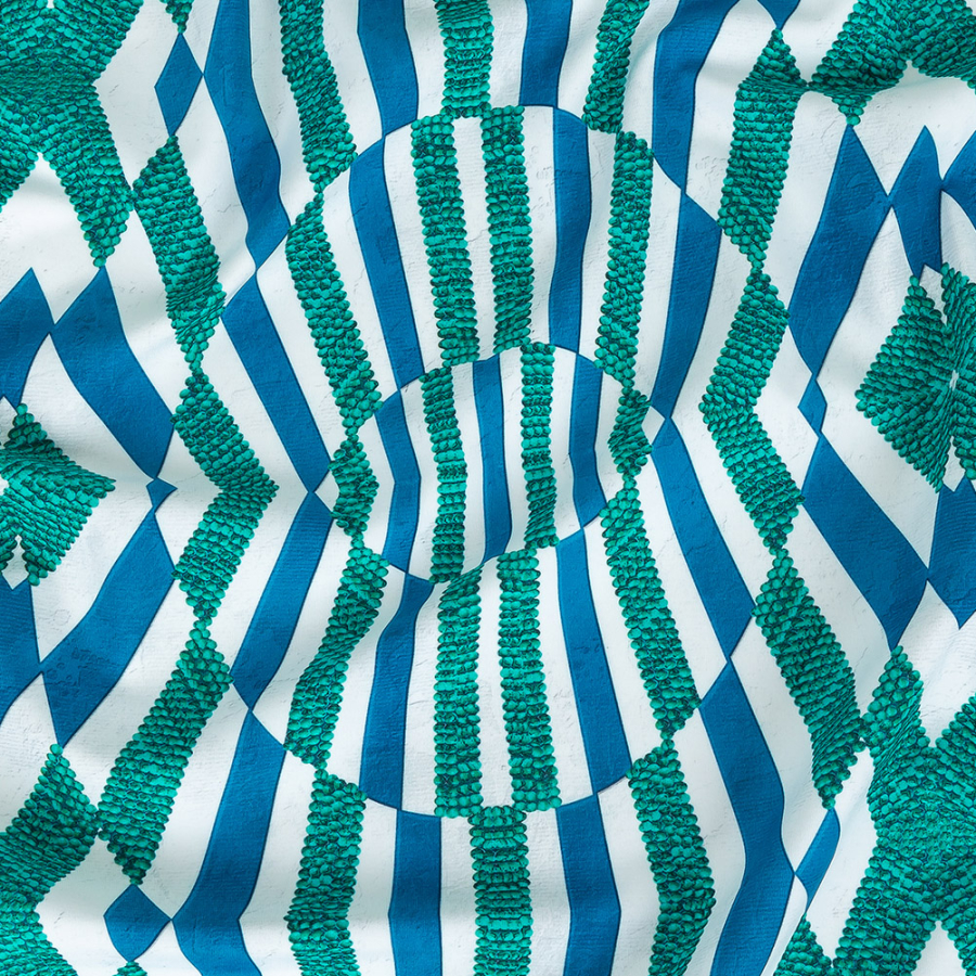 Blue and Teal Geometric Caye UV Protective Compression Swimwear Tricot with Aloe Vera Microcapsules | Mood Fabrics