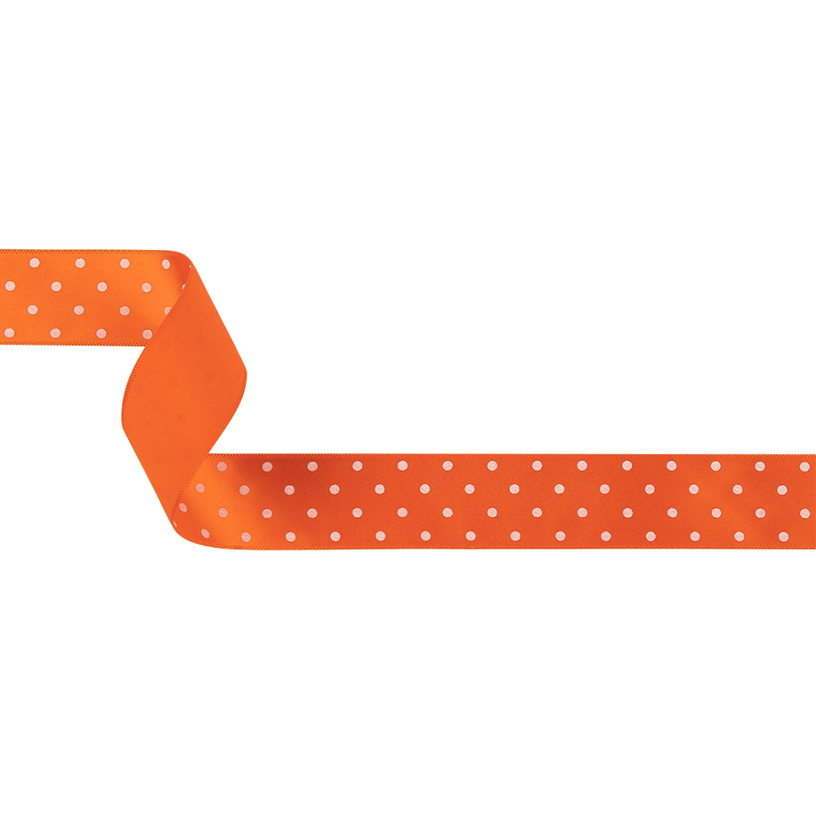Carrot and Bright White Polka Dots Satin Ribbon - 1 | Mood Fabrics