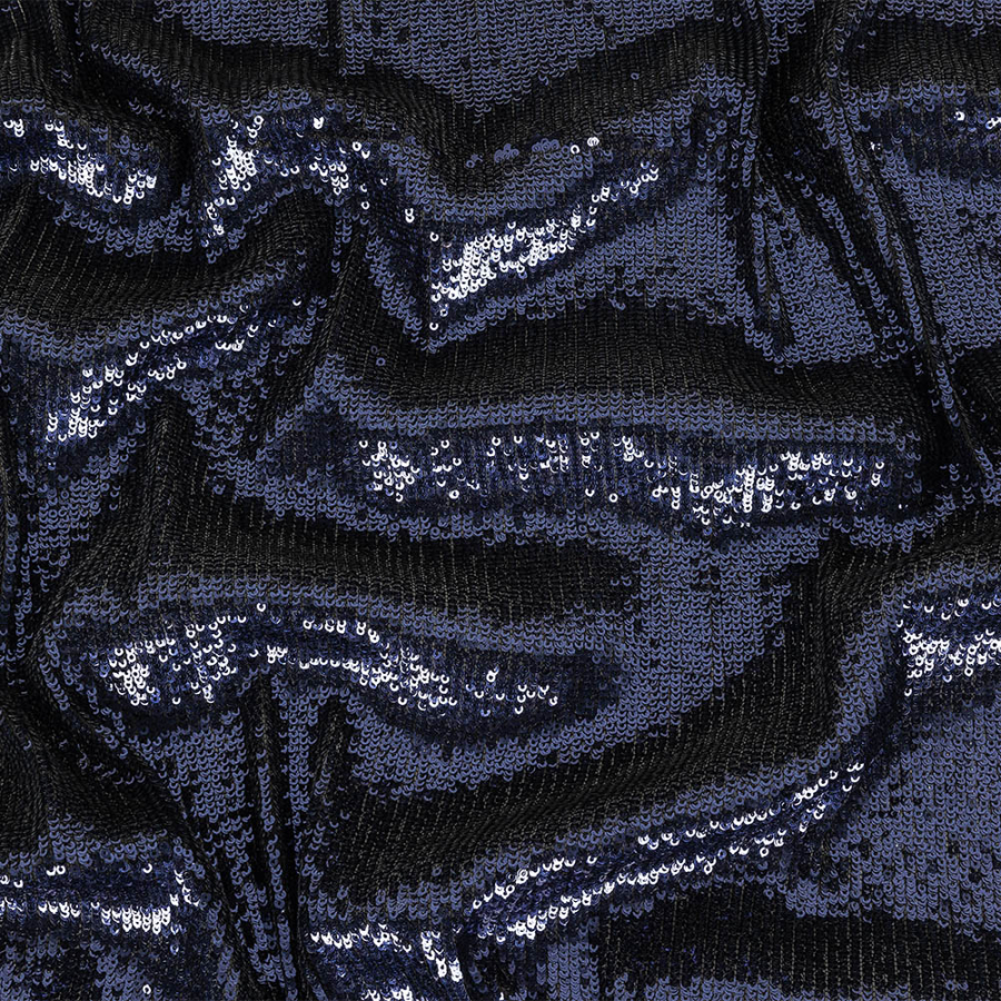 Laser Beam Baby Sequin Rows on Black Stretch Mesh | Mood Fabrics