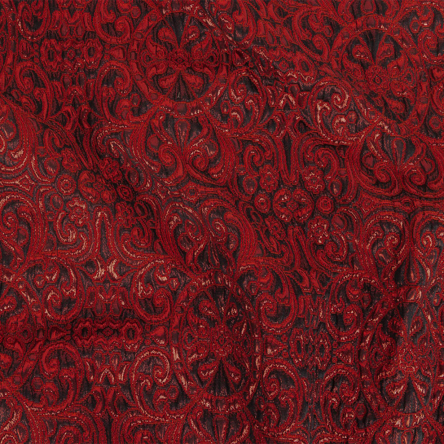Italian Metallic Red and Black Classical Swirls Brocade | Mood Fabrics