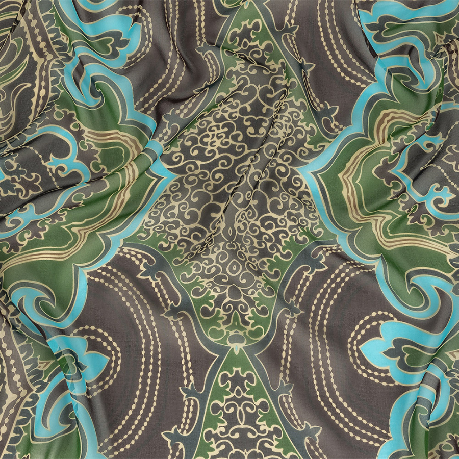 Blue, Green and Brown Classical Abstractions Silk Chiffon | Mood Fabrics