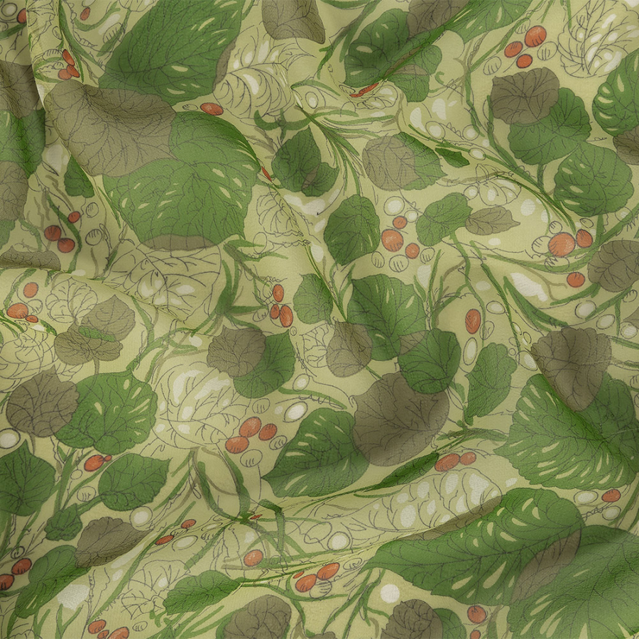 Green and Orange Little Berries and Leaves Silk Chiffon | Mood Fabrics