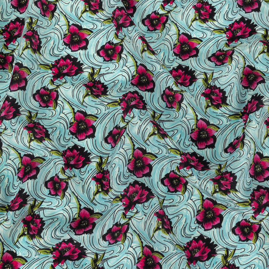 Pink, Sky Blue and Lime Floral Waves Silk Crepe de Chine | Mood Fabrics