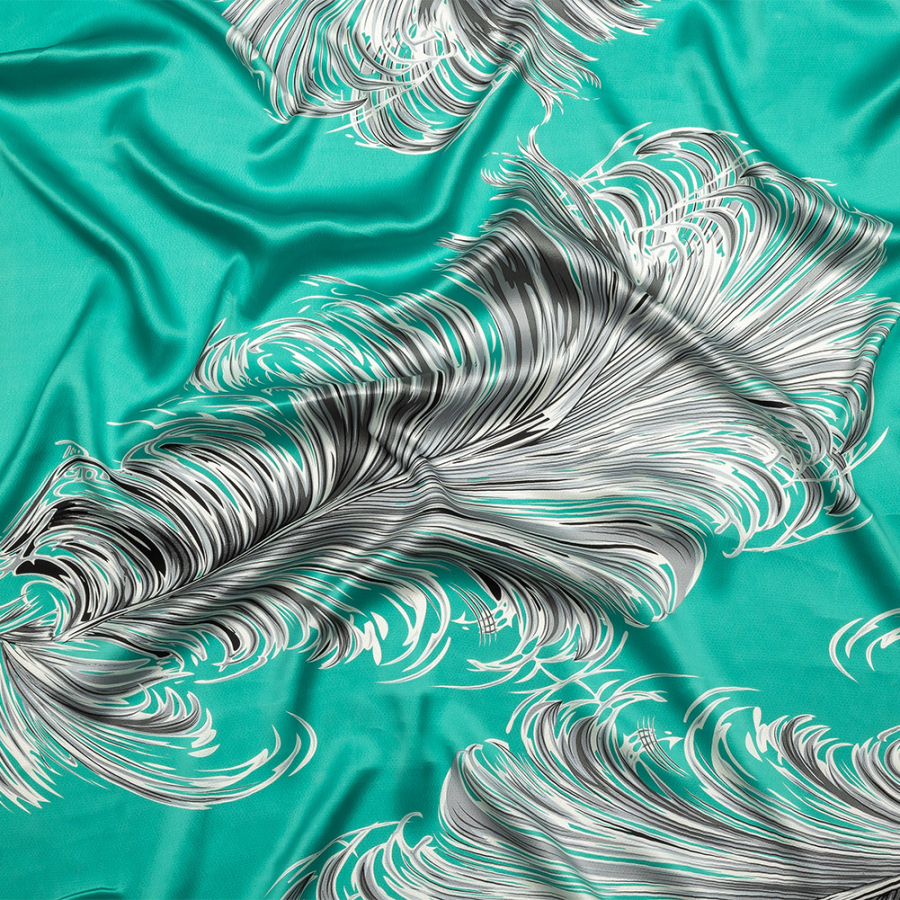 Jade and Gray Oversized Feathers Hammered Silk Charmeuse | Mood Fabrics