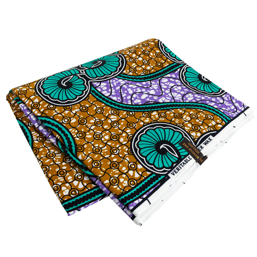 Teal, Gold and Purple Spirals and Abstract Cotton Supreme Super Wax African Print | Mood Fabrics