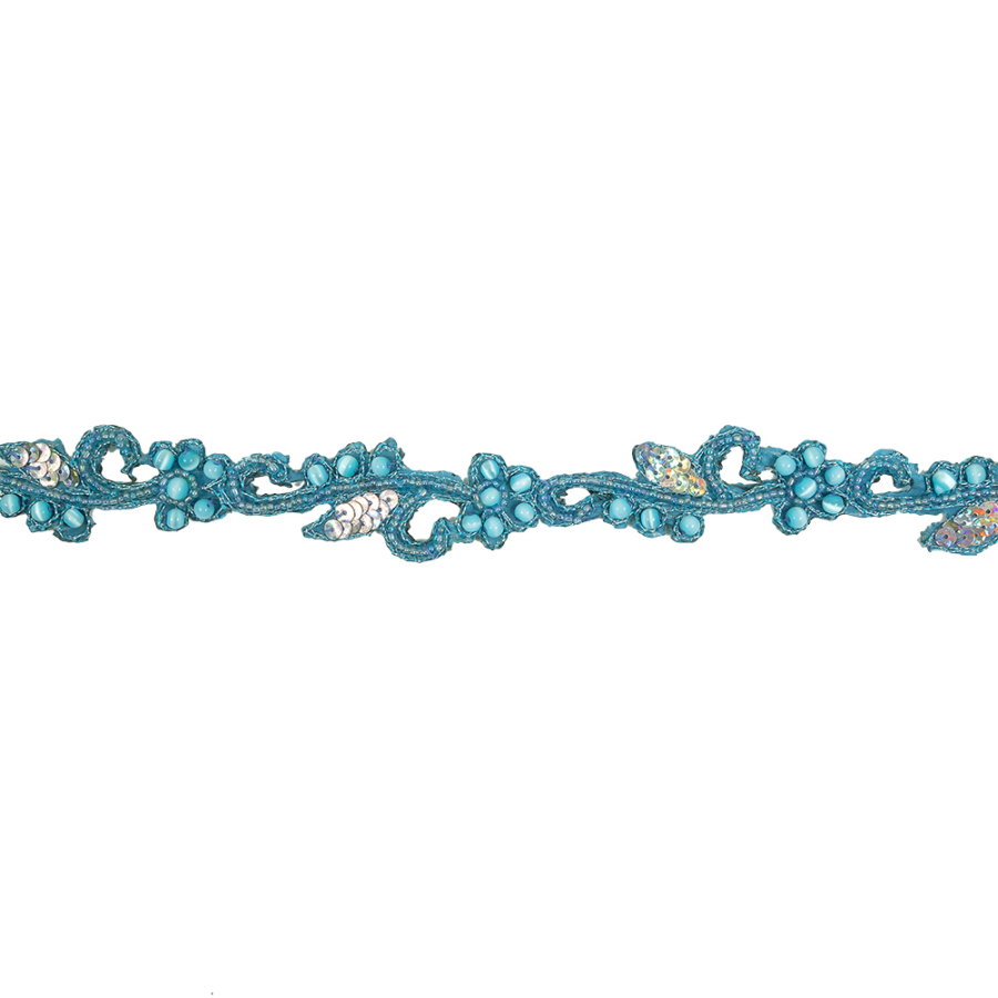 Turquoise and Silver Beaded and Sequined Floral Scrollwork Trim - 1 | Mood Fabrics