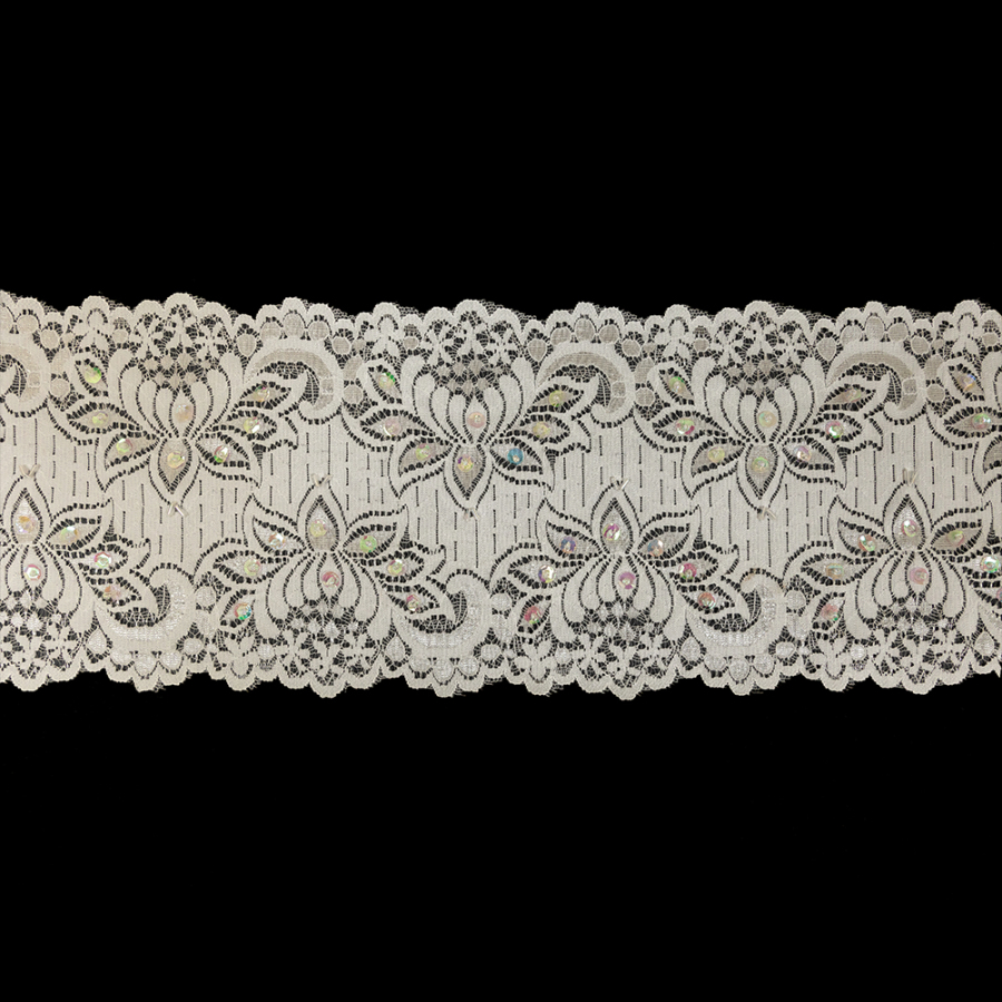 White and Iridescent Beaded and Sequined Floral Stretch Lace Trim - 6" | Mood Fabrics
