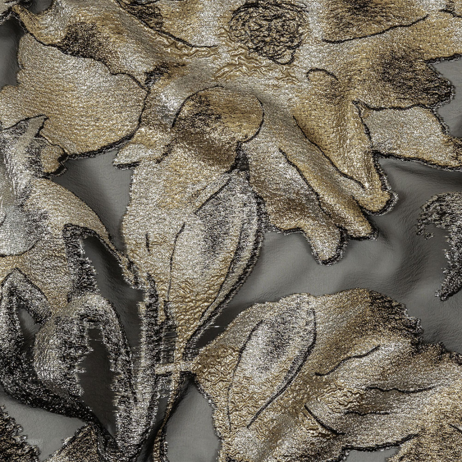 Metallic Silver, Gold and Black Oversized Flowers Luxury Burnout Brocade | Mood Fabrics