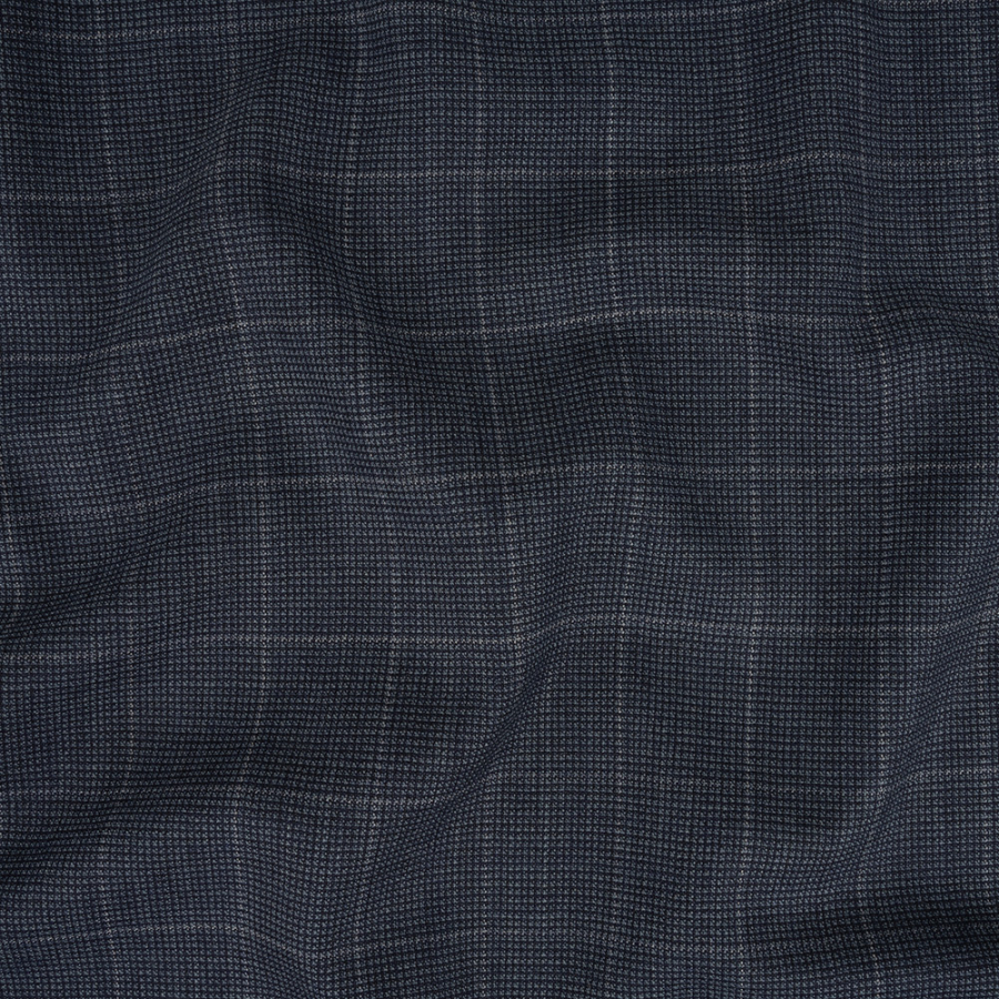 Italian Navy and Blue Windowpane Check Wool Suiting | Mood Fabrics