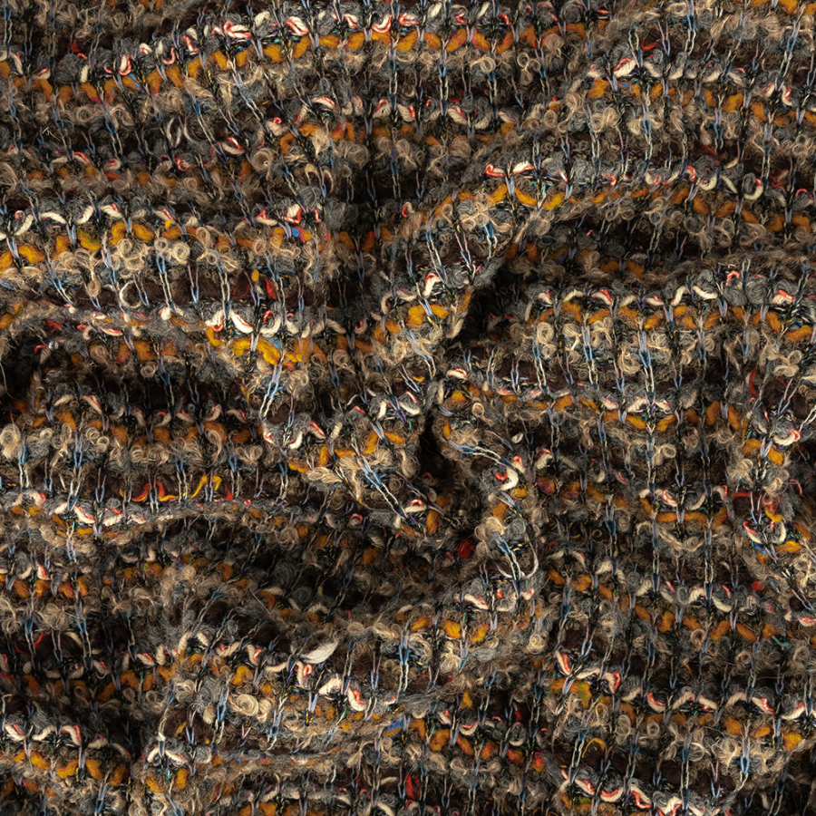 Mustard, Brown and Blue Textural Stripes Chunky Wool Knit with Clear Baby Sequins | Mood Fabrics
