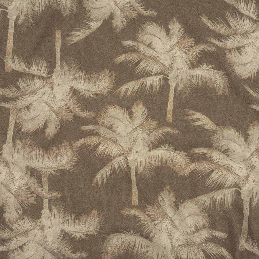 Italian White and Taupe Palm Trees Rayon Crepe | Mood Fabrics