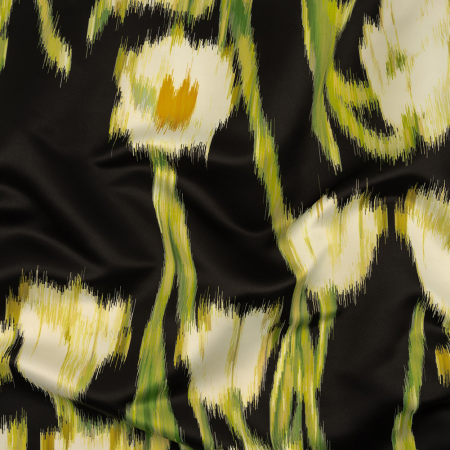 Carolina Herrera Italian Black Bean, Lime Green and White Alyssum Ikat Floral Polyester Satin | Mood Fabrics