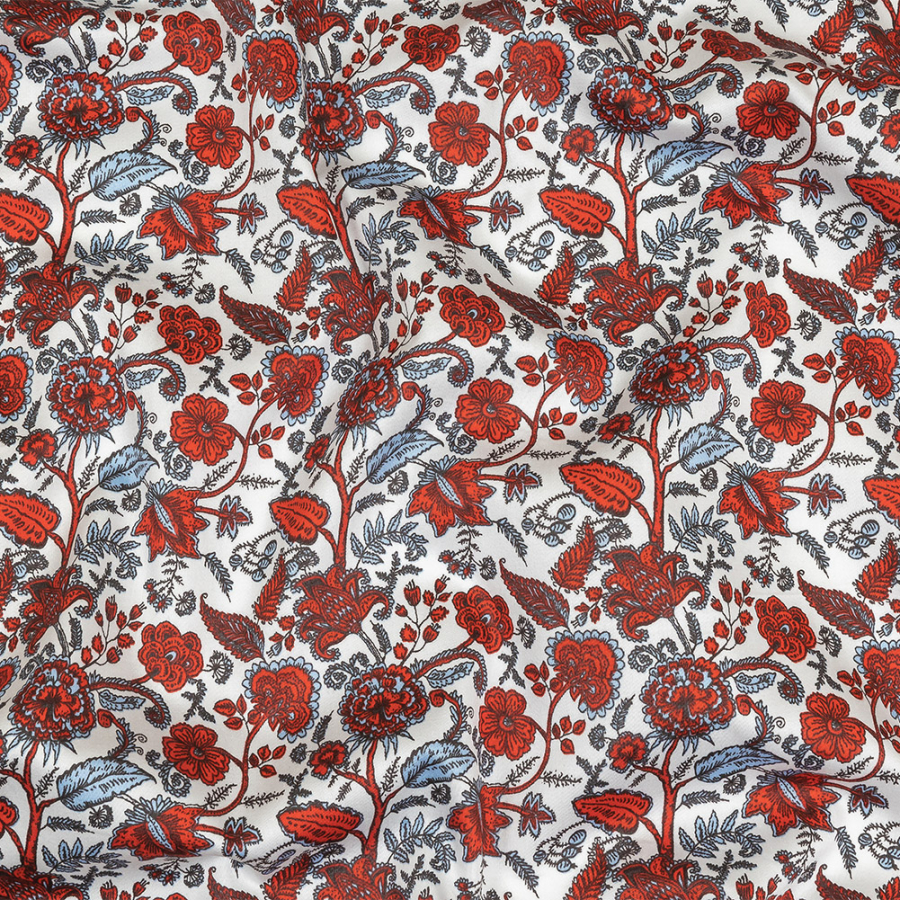 Poinciana, Crystal Blue and Snow White Floral Stems Cotton Sateen | Mood Fabrics