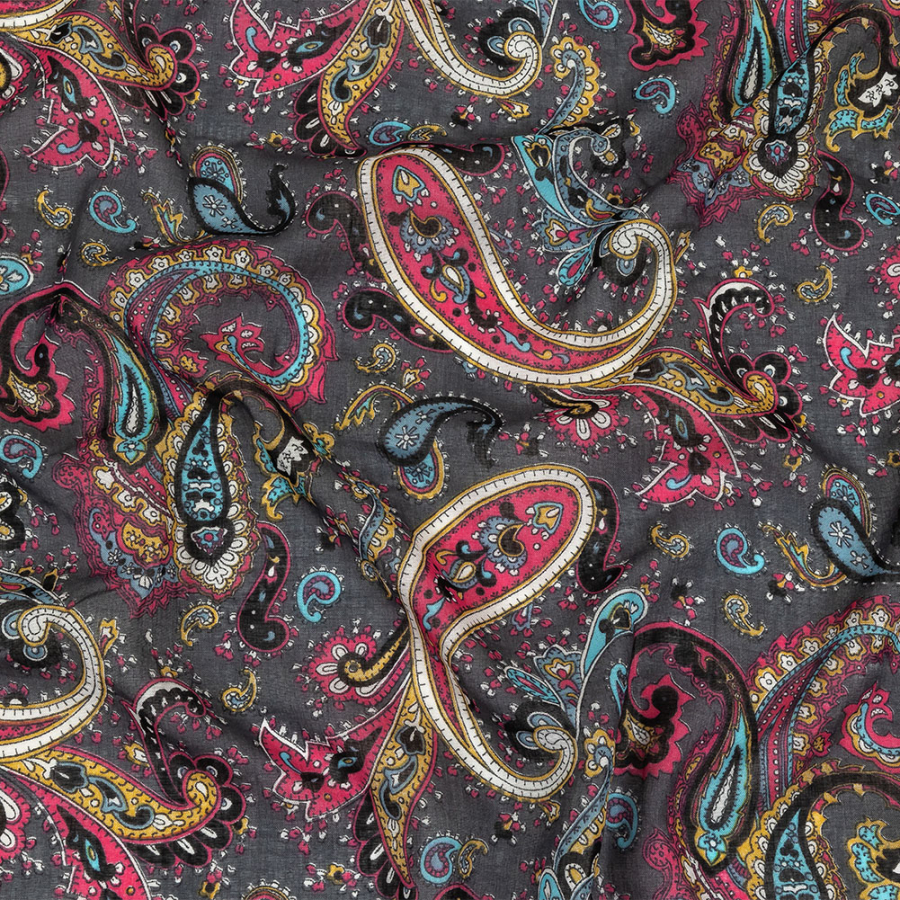Charcoal, Hot Pink and Gold Paisley Gauzy Cotton Voile | Mood Fabrics