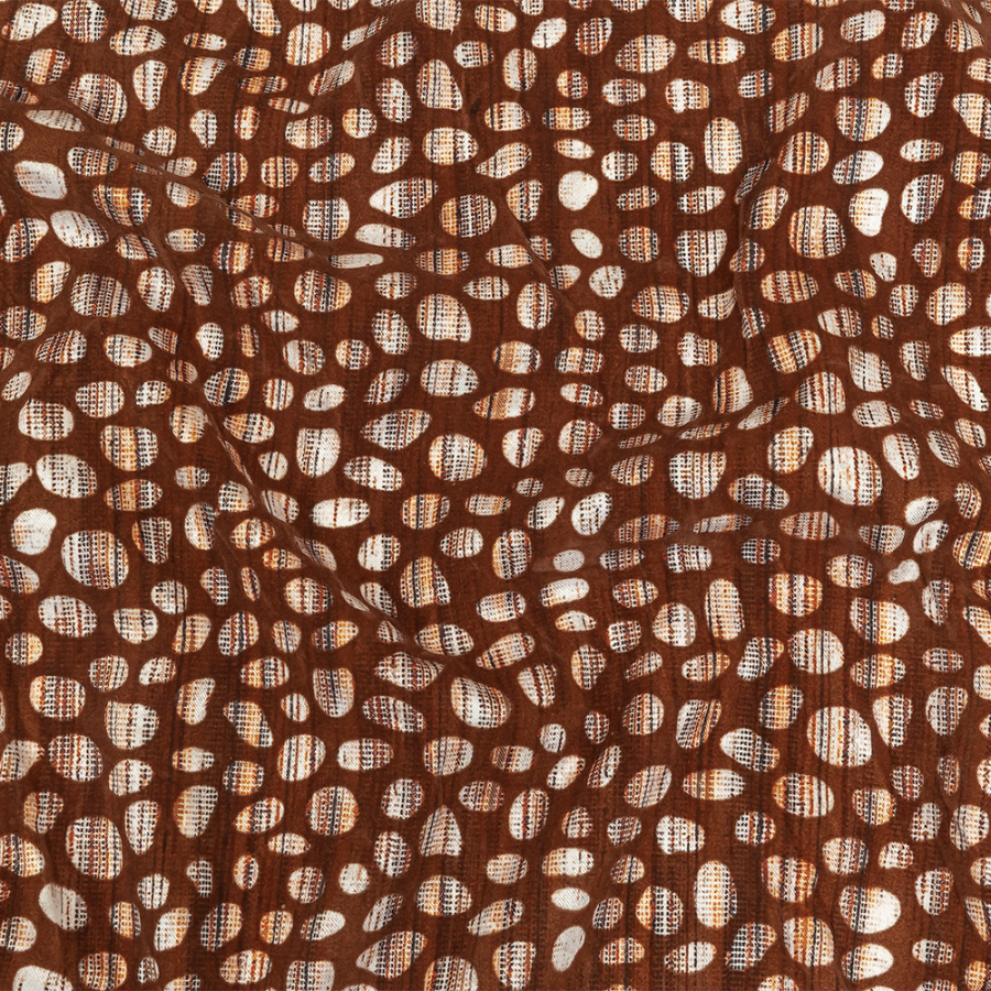 Brown Flocked Bubbles on Brown, Orange and White Distressed Stripes Printed Stretch Cotton Twill | Mood Fabrics