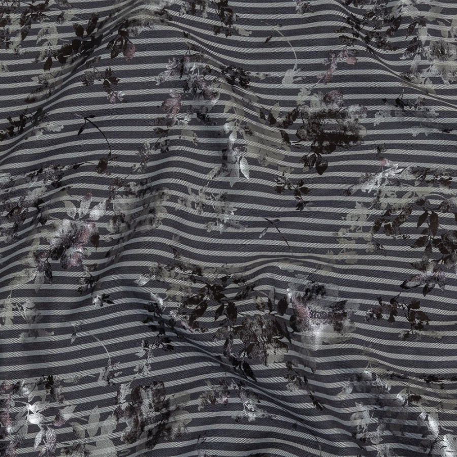 Black and Silver Foiled Flowers on Gray and Charcoal Striped Cotton and Polyester Twill | Mood Fabrics