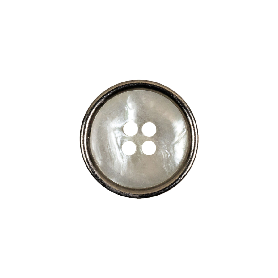 Italian Iridescent White 4 Hole Button with Silver Metal Rim - 28L/18mm | Mood Fabrics