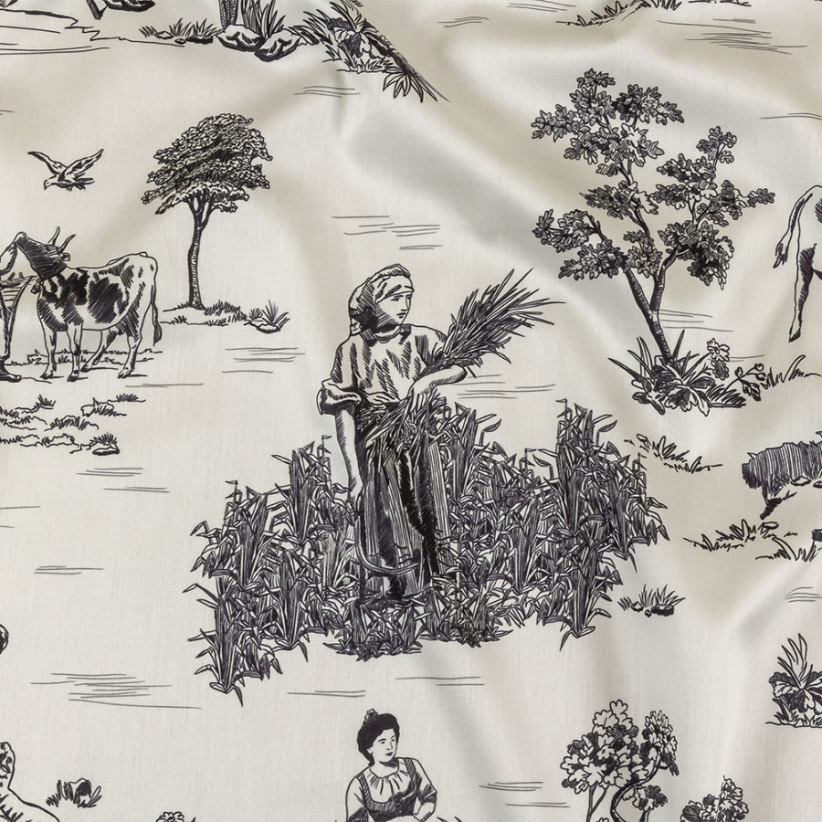 Black and White Classic Toile de Jouy Mercerized Organic Egyptian Cotton Shirting | Mood Fabrics