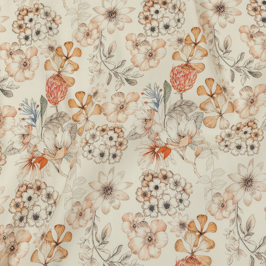 Peach, Red and White Floral Stretch Linen and Rayon Woven | Mood Fabrics